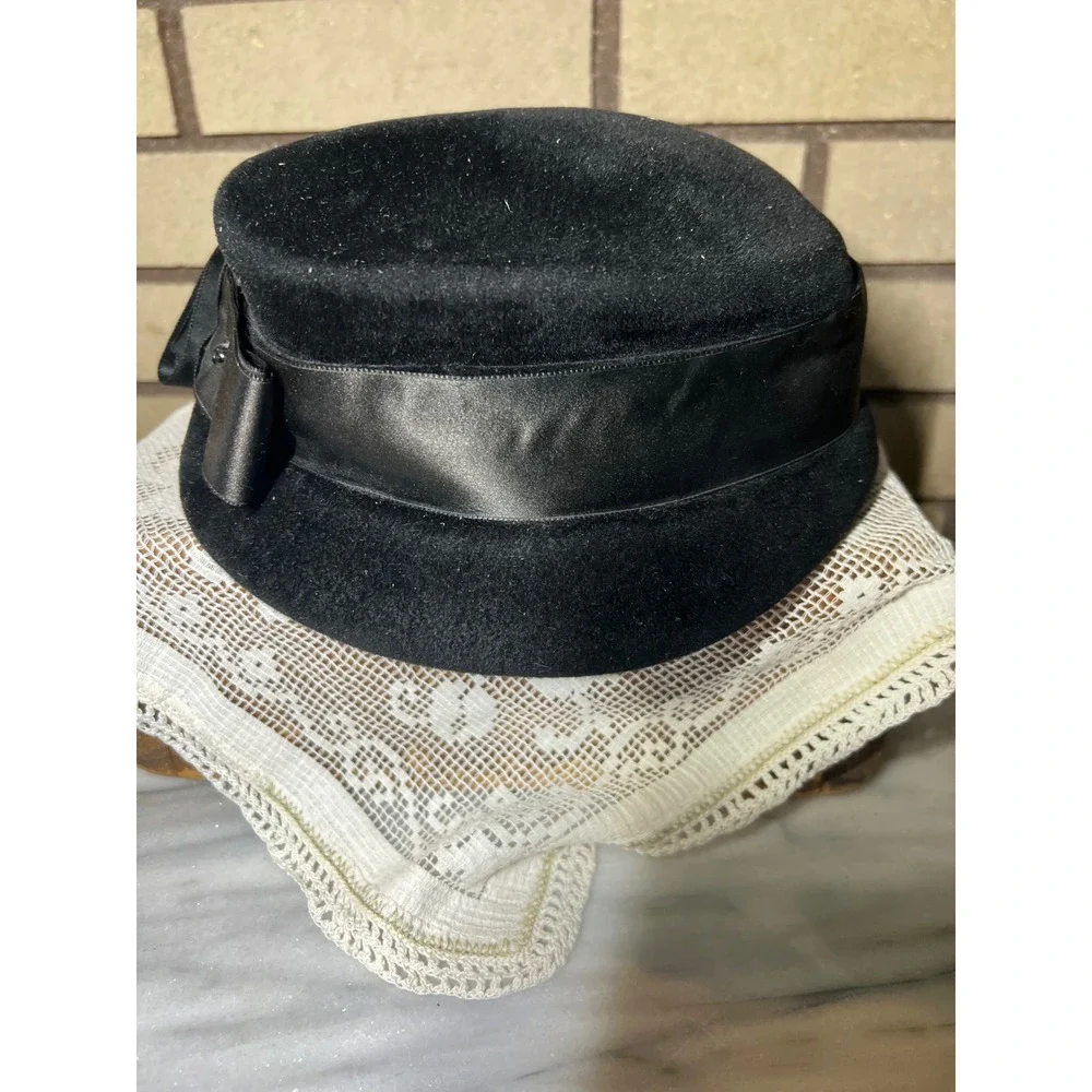 Vintage Sigma Black Wool Felt Pillbox Hat Satin Ribbon Bow Made in France